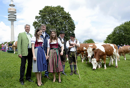 v.l.n.r.: Eckbert Dauer, Ministerialdirigent, Leiter der Abteilung Ernährung und Markt im Bayerischen Staatsministerium für Ernährung, Landwirtschaft und Forsten; Milchprinzessin Eva-Maria Bäuml; Günther Felßner, Vorsitzender der Landesvereinigung der Bayerischen Milchwirtschaft (LVBM); Milchkönigin Susanne Polz; Georg Mair, Vorsitzender des Almwirtschaftlichen Vereins Oberbayern; Landwirt Andreas Willibald beim Almauftrieb auf dem Münchner Olympiaberg. Landesvereinigung der Bayerischen Milchwirtschaft; LVBM ( ©Foto: Ingrid Grossmann)